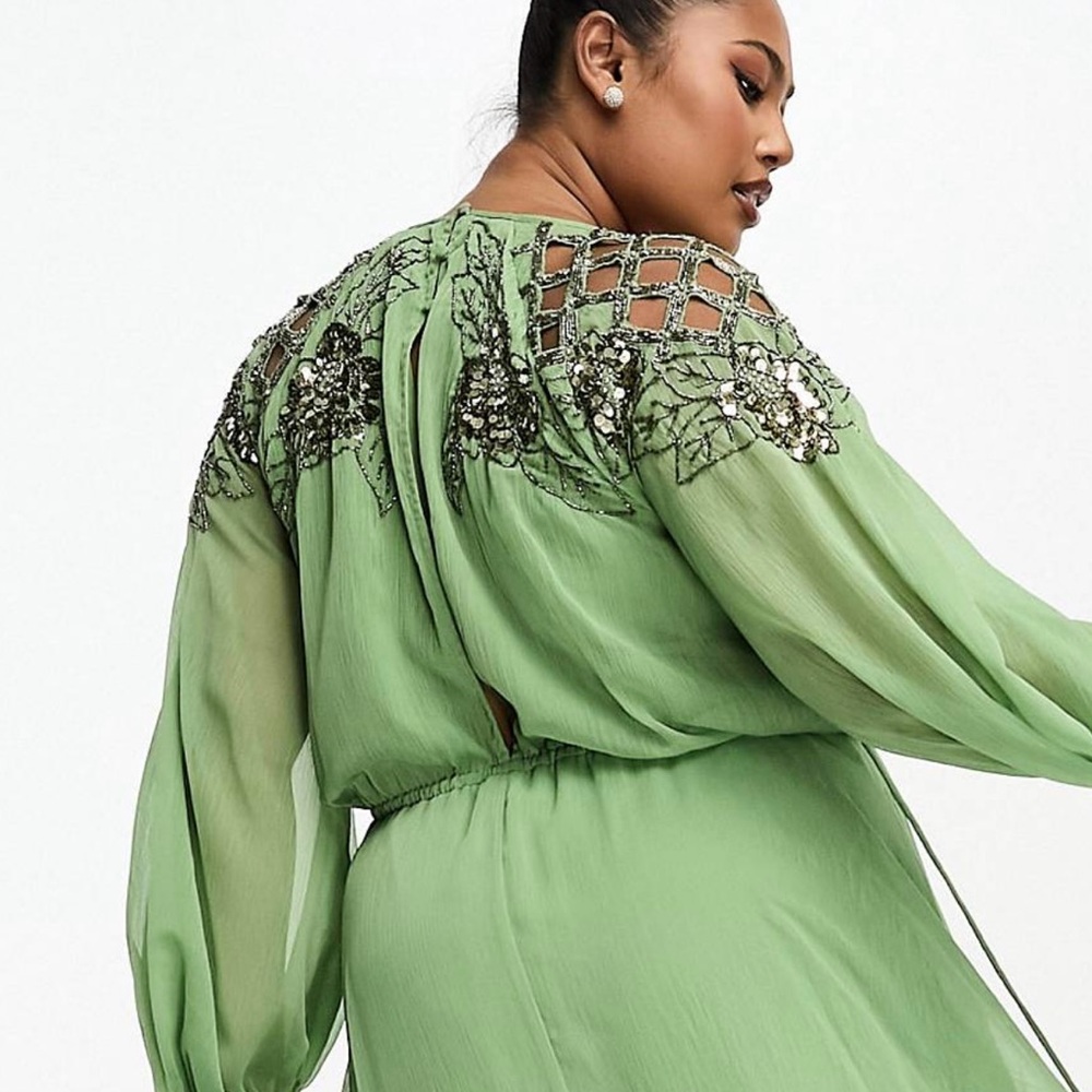 ASOS DESIGN Curve embellished floral and lattice detail midi/maxi dress in green